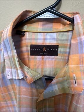 Robert Talbott Orange, Blue & Tan Plaid Short-Sleeve Button-Down Shirt size M